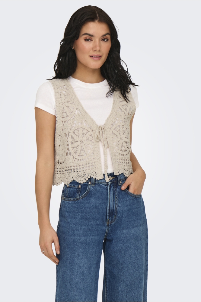 JDYVIC S/L V-NECK TIE VEST KNT 15347425 TAPIOCA